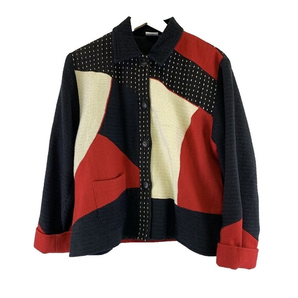 Parsley And Sage Button Jacket Collared Black Red Colorblock Pocket Womens Large - Picture 1 of 13